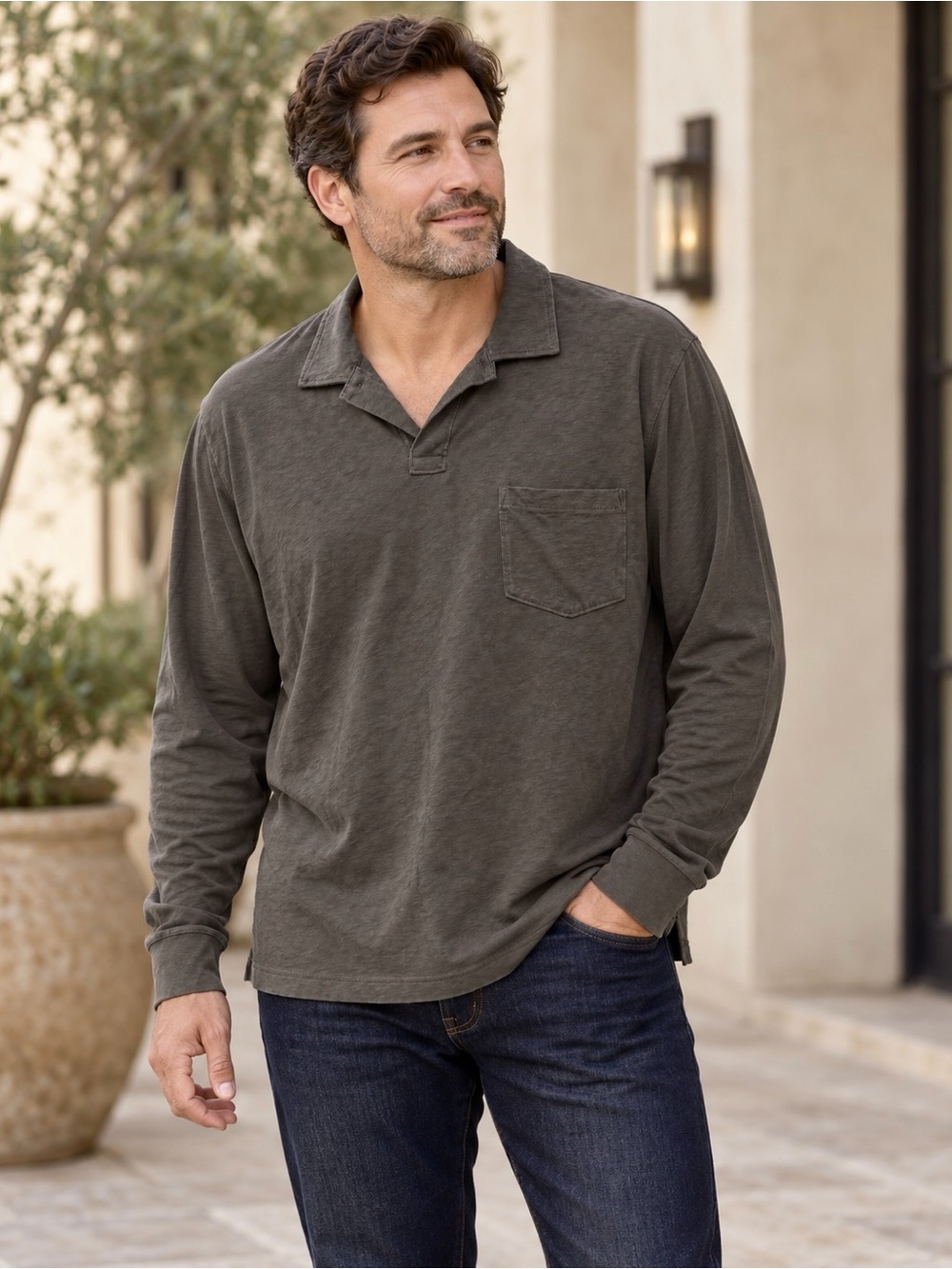 J.Crew Rugged Jersey Polo Shirt Men’s XL Brown Cotton Long Sleeve Pocket